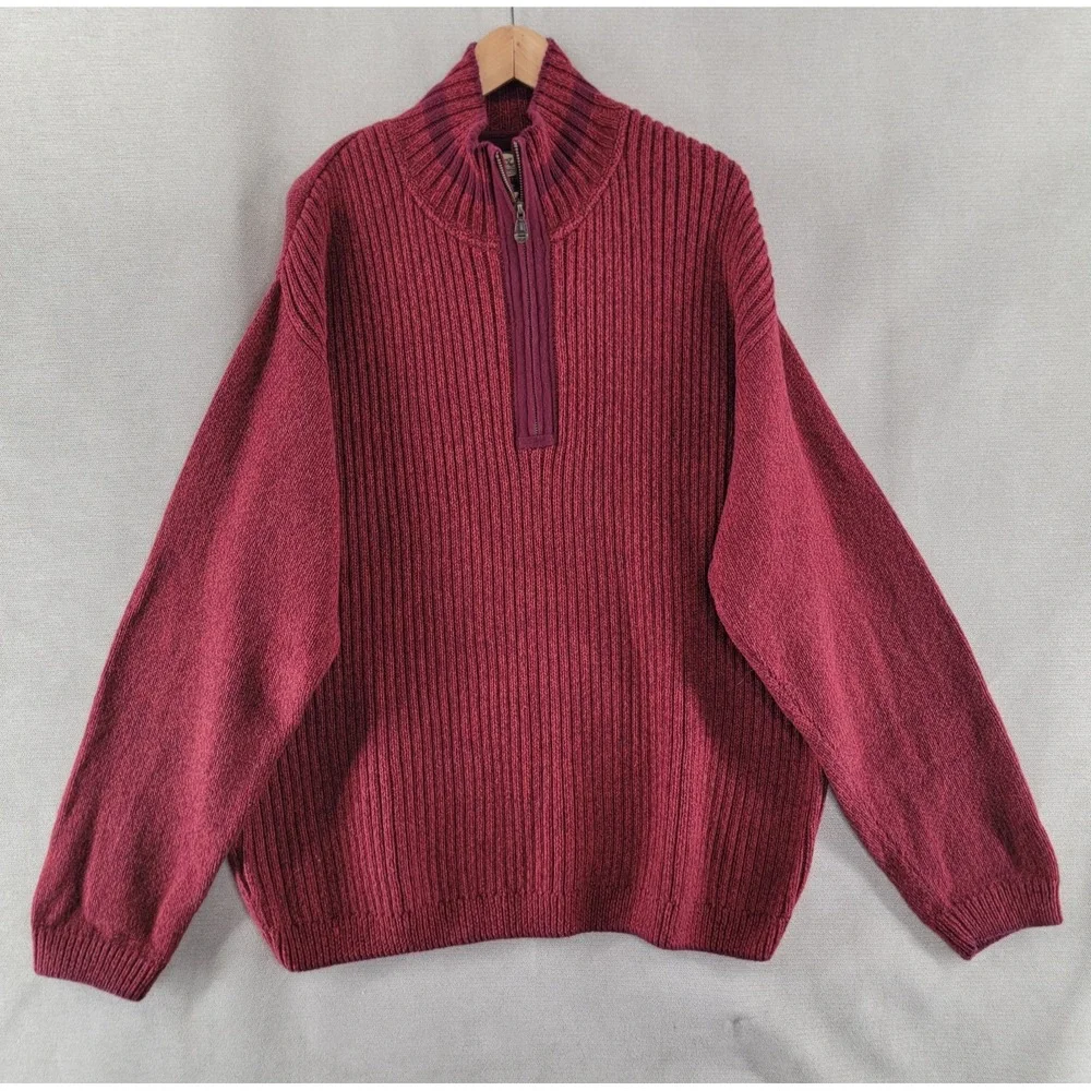 Tommy Bahama Mens Sweater Vtg Ribbed Cotton Wool 1/4 Zip Pullover Size XL Red